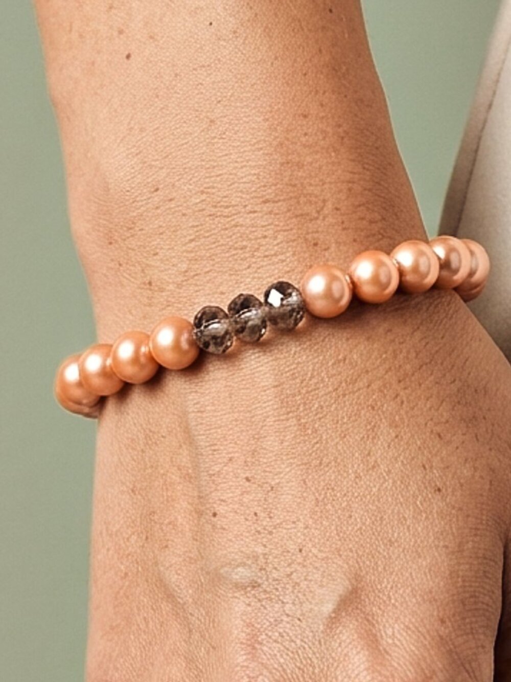 Gold Pearl Bracelet w/Smoky Quartz, Elegant Easy to Wear Stretch Bracelet